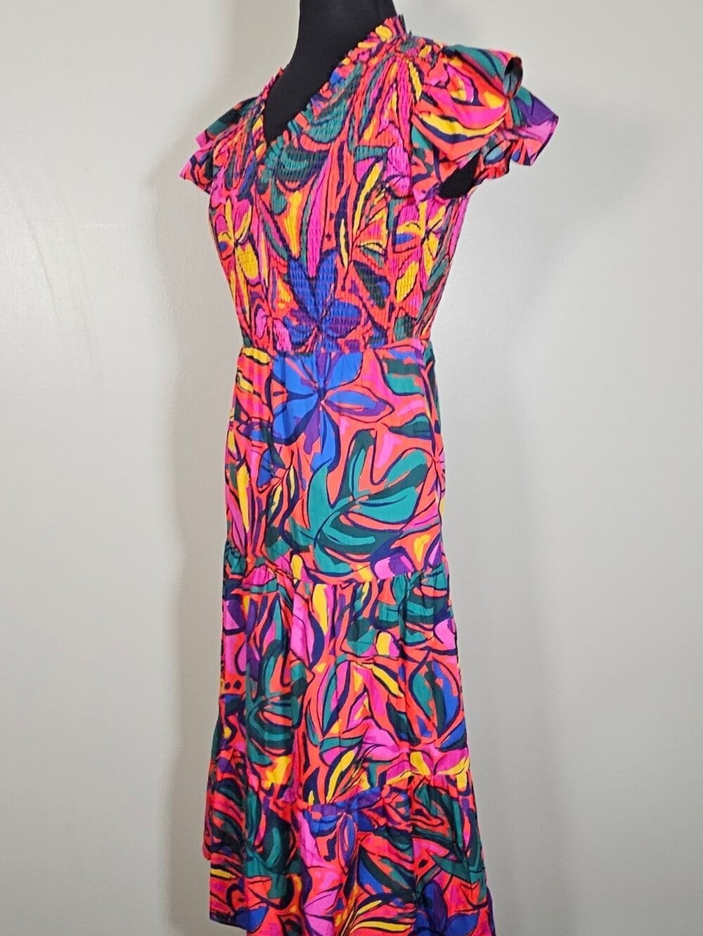 Sugarlips Milania Rainbow Tropical Cotton Maxi Dress Smocked NWT XS